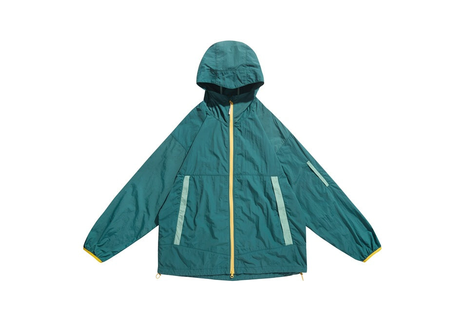 Front view of a teal hooded jacket with a yellow zipper and pale mint pocket and sleeve accents.