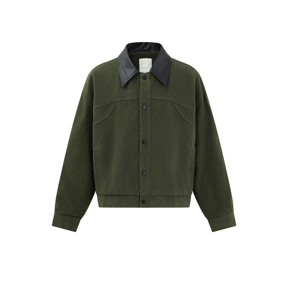 Olive green button-front cropped jacket with black leather-look collar, front flat view