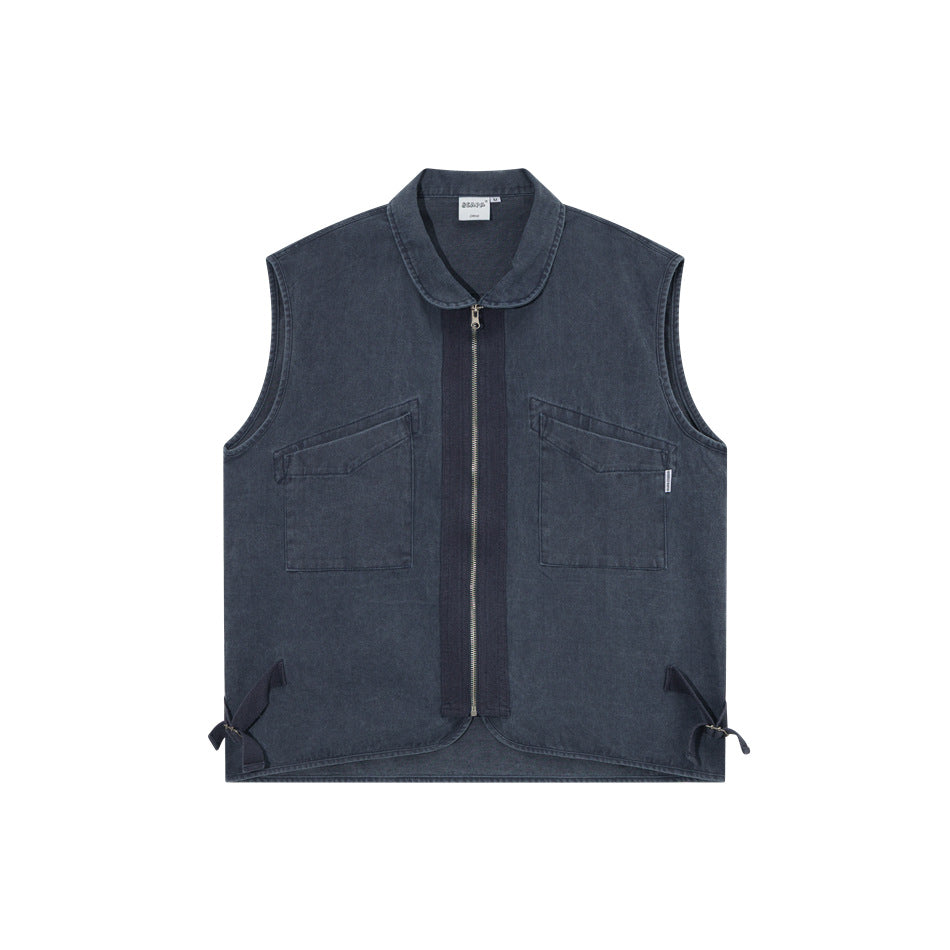 Navy blue washed sleeveless zip vest with rounded collar, flap chest pockets and side buckle straps, front flat view