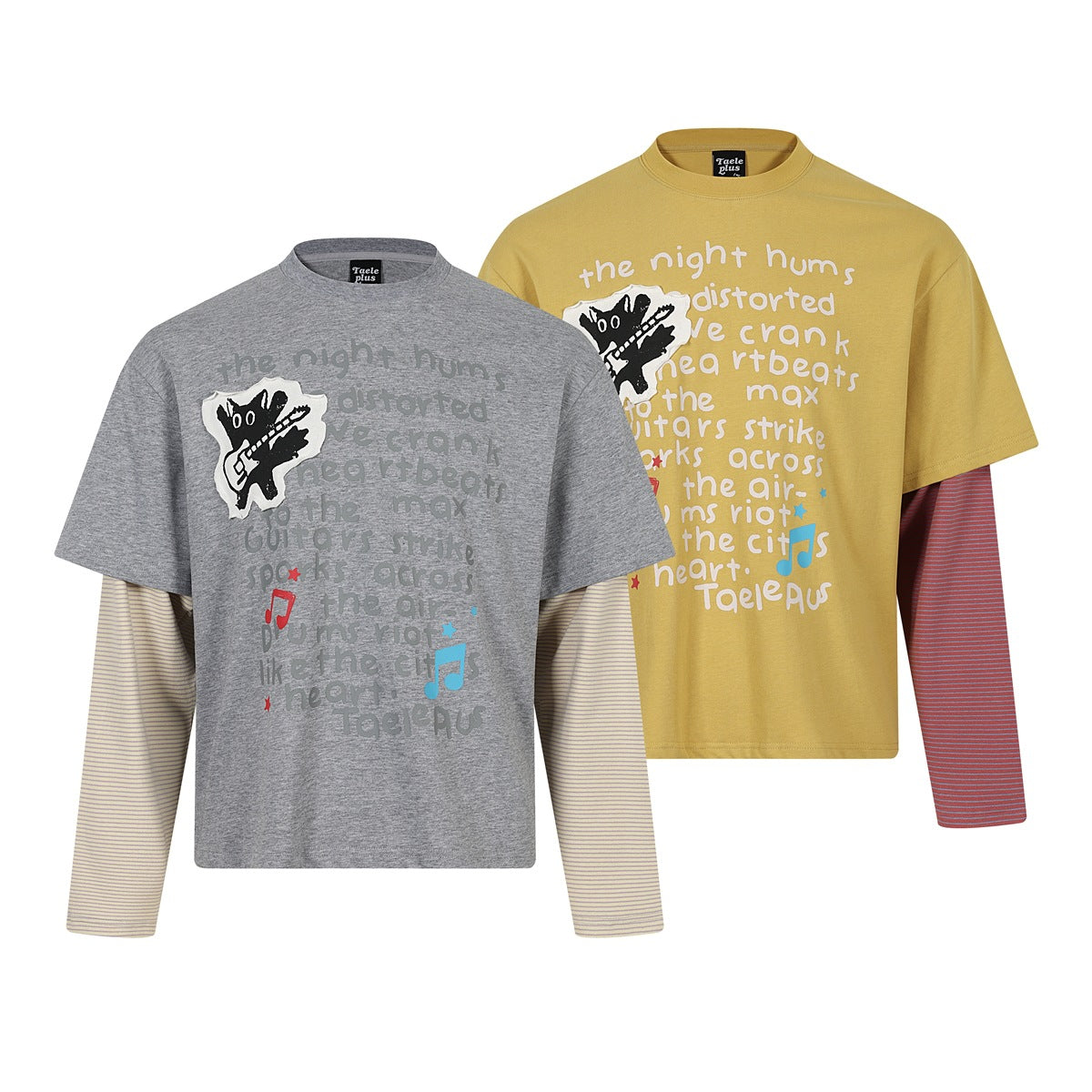 Two layered long-sleeve graphic tees: gray with cream striped sleeves and mustard yellow with red striped sleeves.