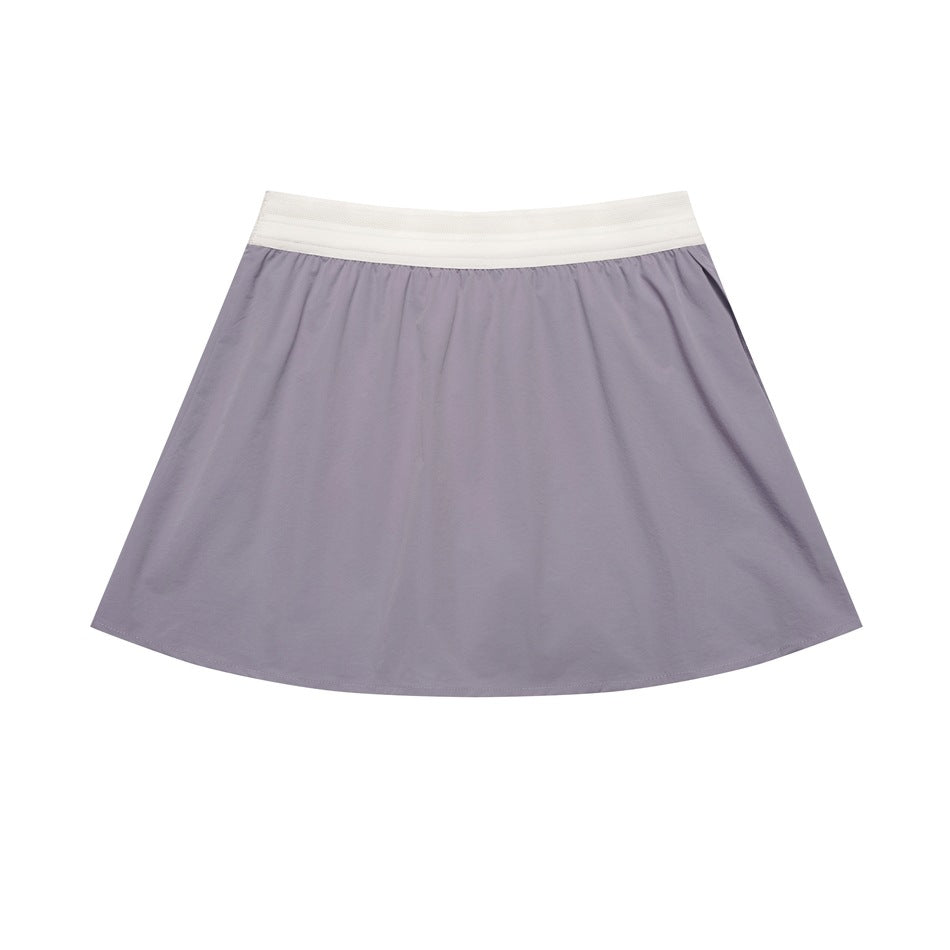 Muted lavender-gray flared athletic skirt with a white wide waistband, shown flat against a white background.