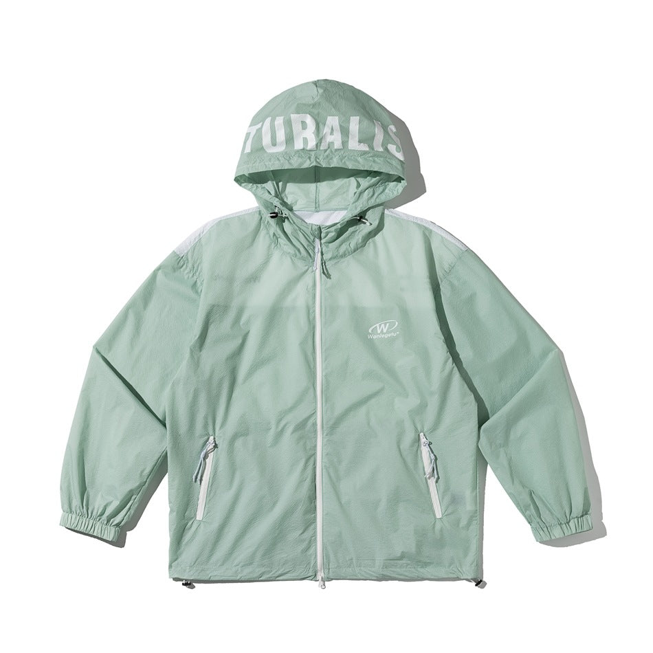Mint green hooded zip jacket flat lay, front view, with white shoulder panels and large lettering on the hood