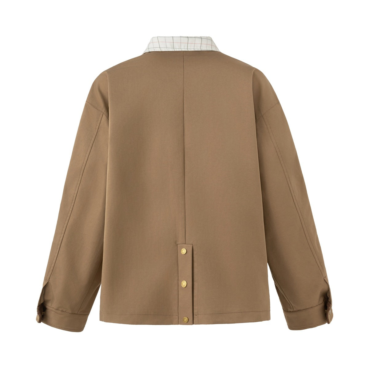 Back view of a tan jacket with a center seam, buttoned rear tab, and a pale plaid collar.