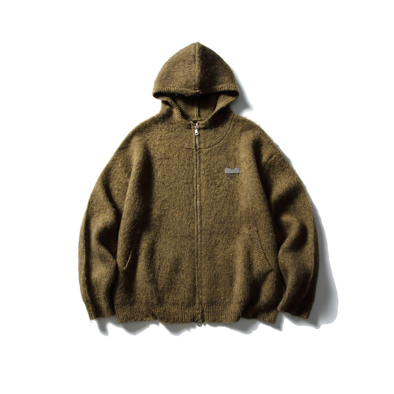 Olive green hooded zip-front knit cardigan with fuzzy texture and a small chest patch, flat lay