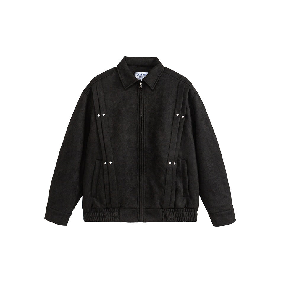 Front view of a black collared jacket with a central zipper, snap details, side pockets, and an elasticated hem.