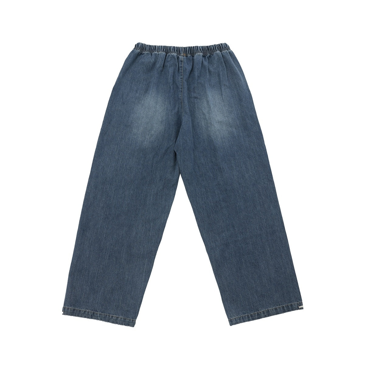Dark blue faded wide-leg denim pants back view with elastic waistband and fading at the seat