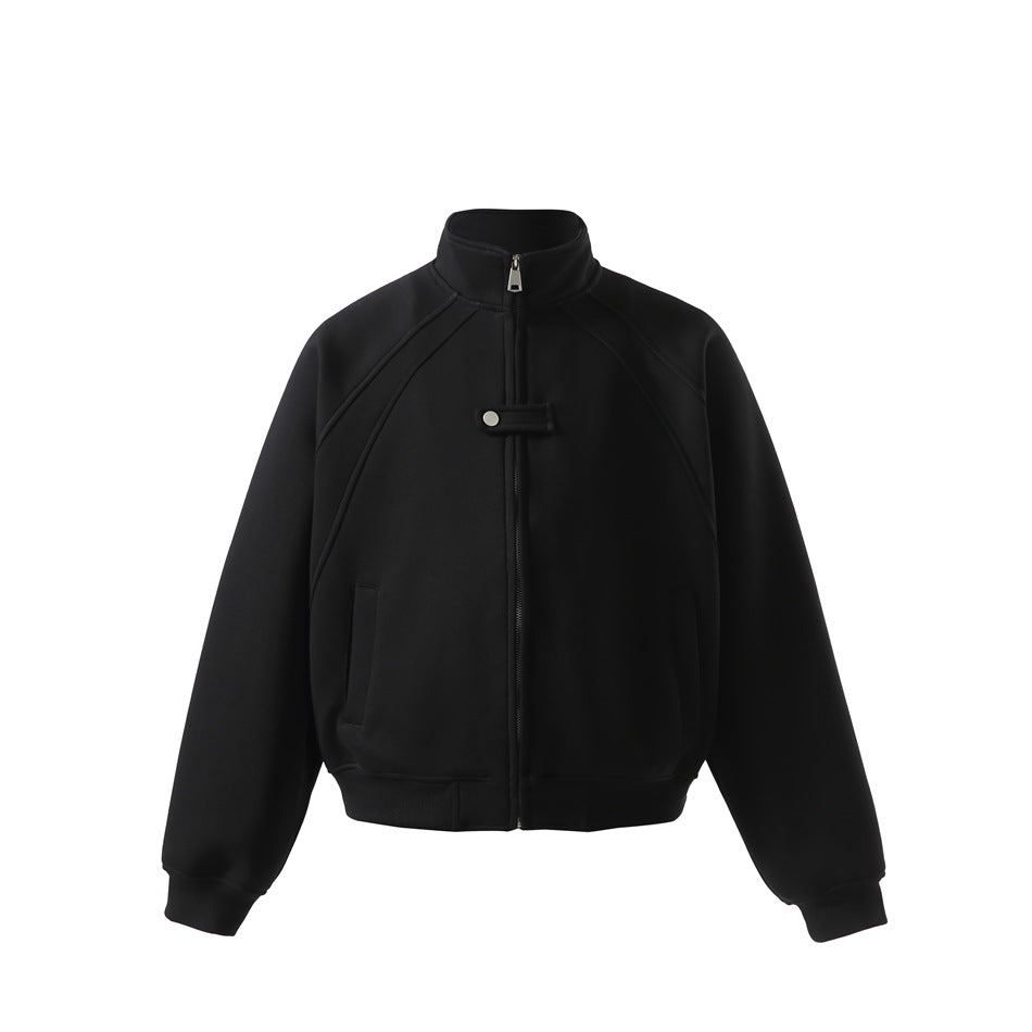 Black stand-collar zip jacket with raglan sleeves, chest snap tab, front pockets and ribbed cuffs, front view