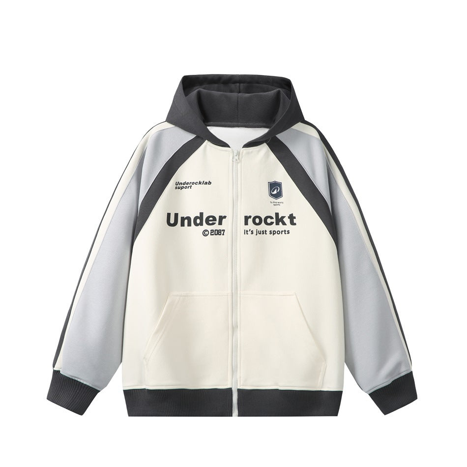 Gray colorway zip-up hooded jacket, front view, cream body with light gray raglan sleeves and dark gray hood