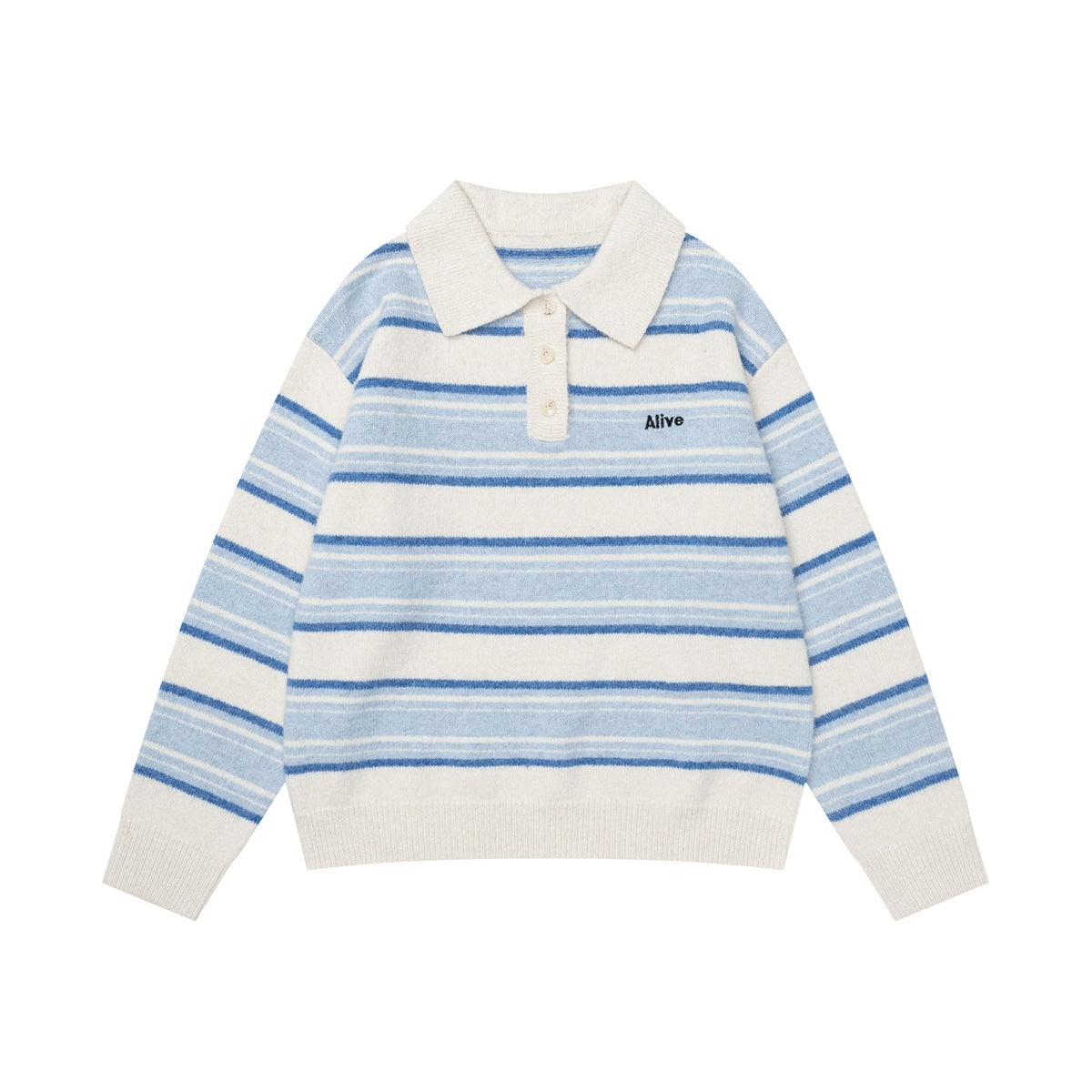 Blue, light blue and cream striped knit polo sweater with button placket and small chest embroidery, flat front view