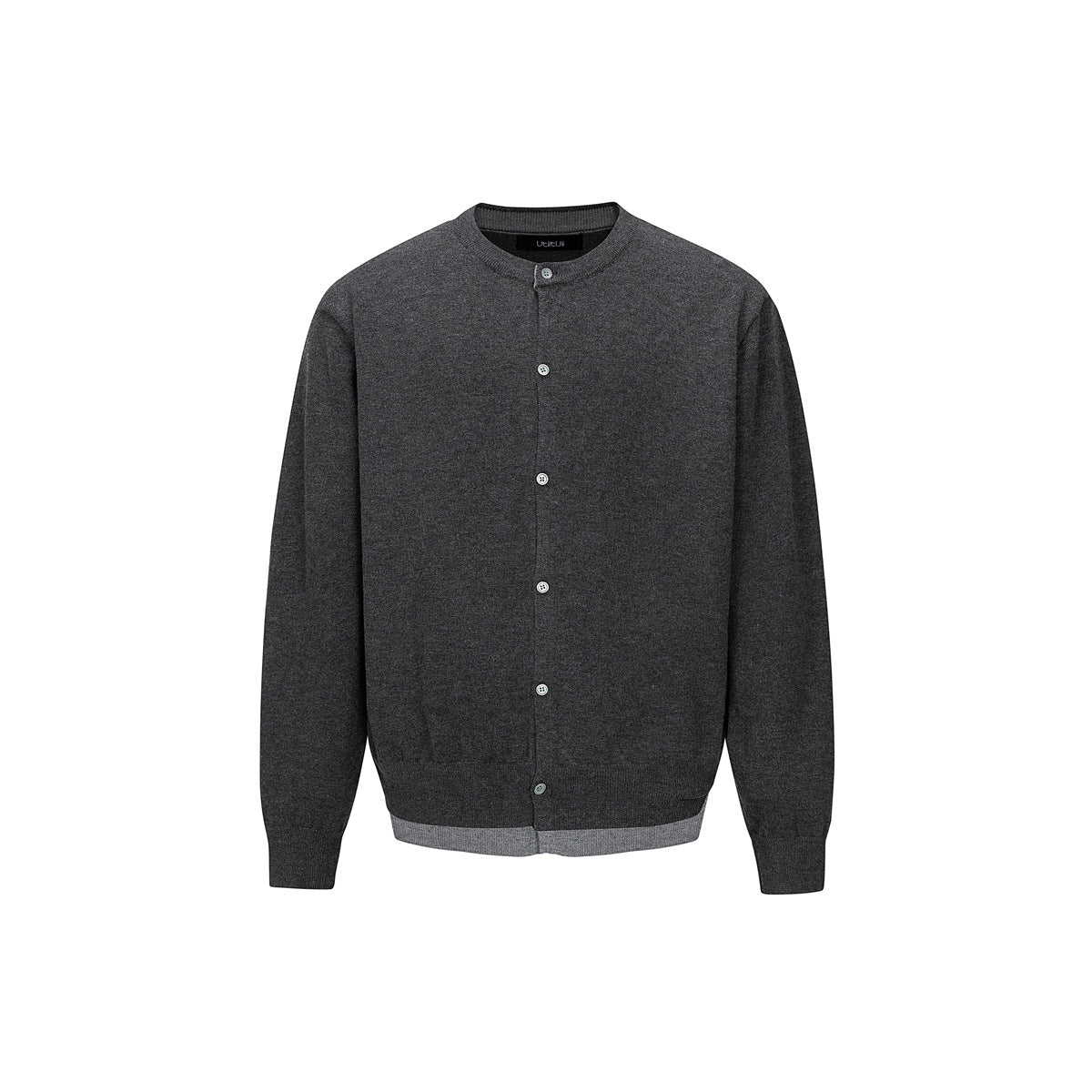 Front view of a charcoal gray button-front cardigan with a ribbed crew neck, cuffs, and lighter gray hem trim.