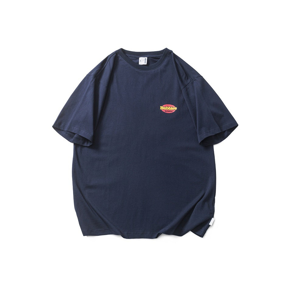 Navy short-sleeve crewneck T-shirt front with small red and yellow oval Bubbles chest print