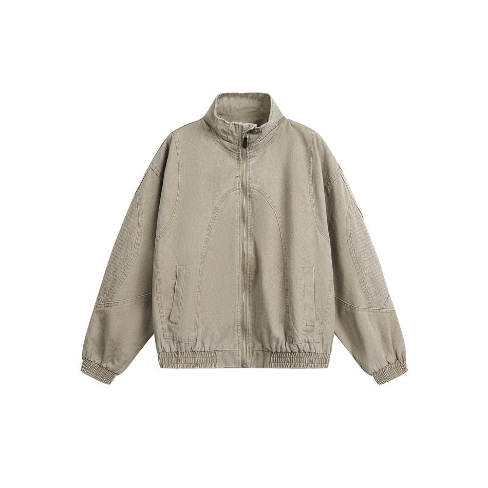 Khaki washed stand-collar zip jacket, front view, with arched seams, slanted pockets and elastic cuffs and hem