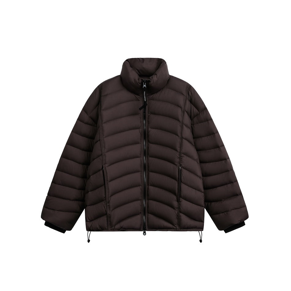 Dark brown quilted stand-collar puffer jacket with front zipper and drawcord hem, flat front view