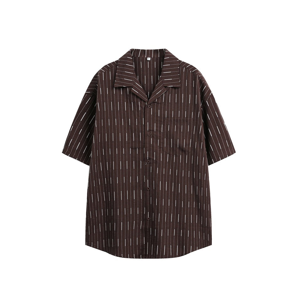 Dark brown short-sleeve camp collar shirt with white dashed vertical stripes, front view with chest pocket