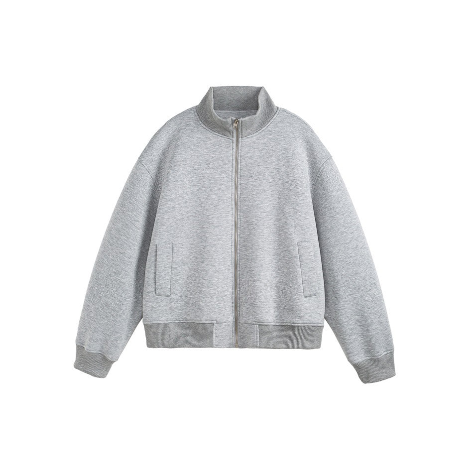 Heather gray stand-collar zip jacket with ribbed cuffs and hem, front view on white background