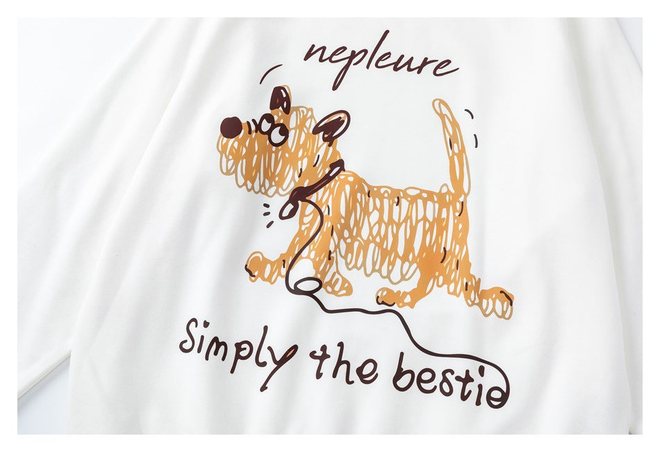 White fabric printed with a tan cartoon dog and brown English lettering reading “simply the bestie.”