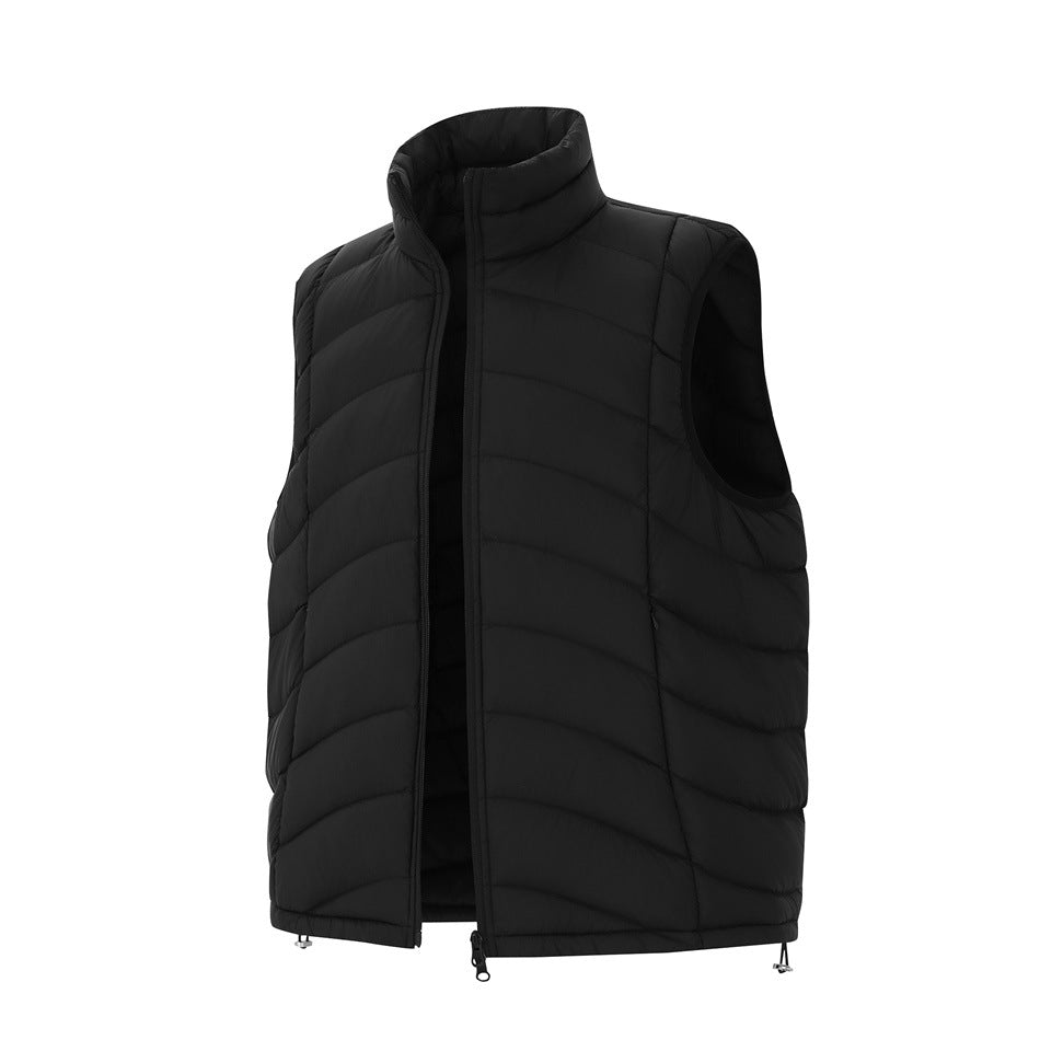 Black sleeveless quilted vest shown at an angle, with a stand collar and front zipper.