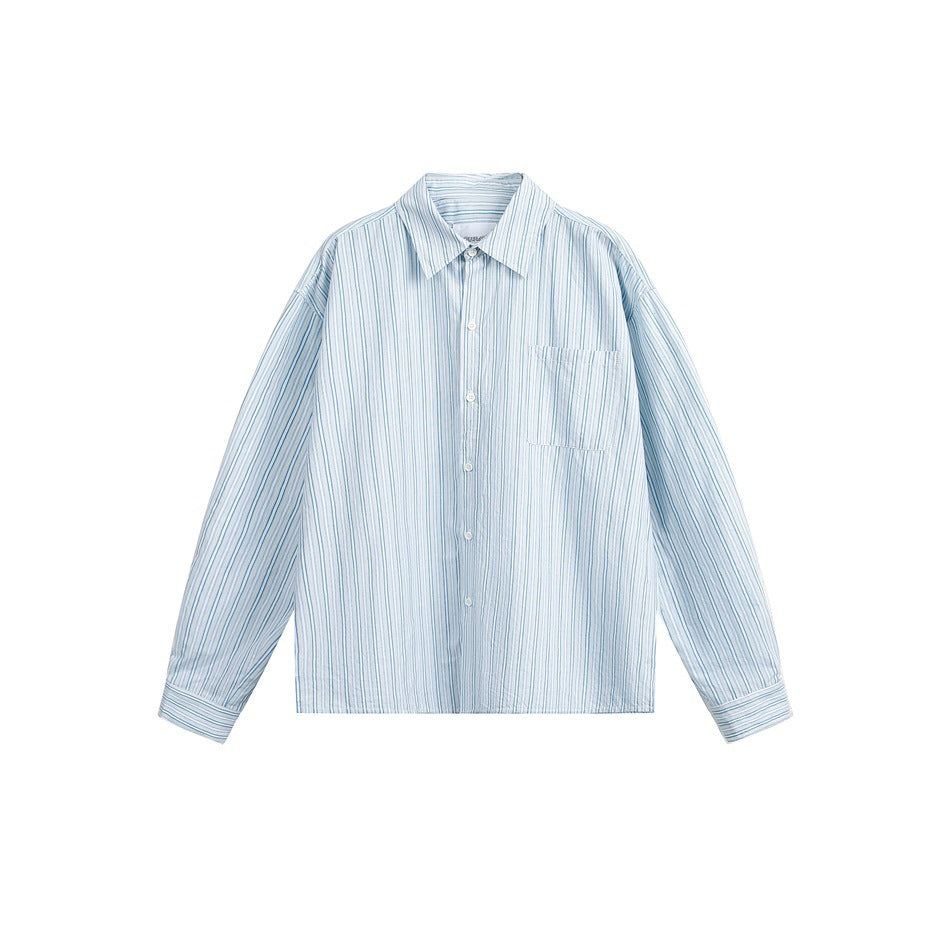 Blue and white vertical striped long-sleeve button-up shirt with pointed collar and chest pocket, flat front view