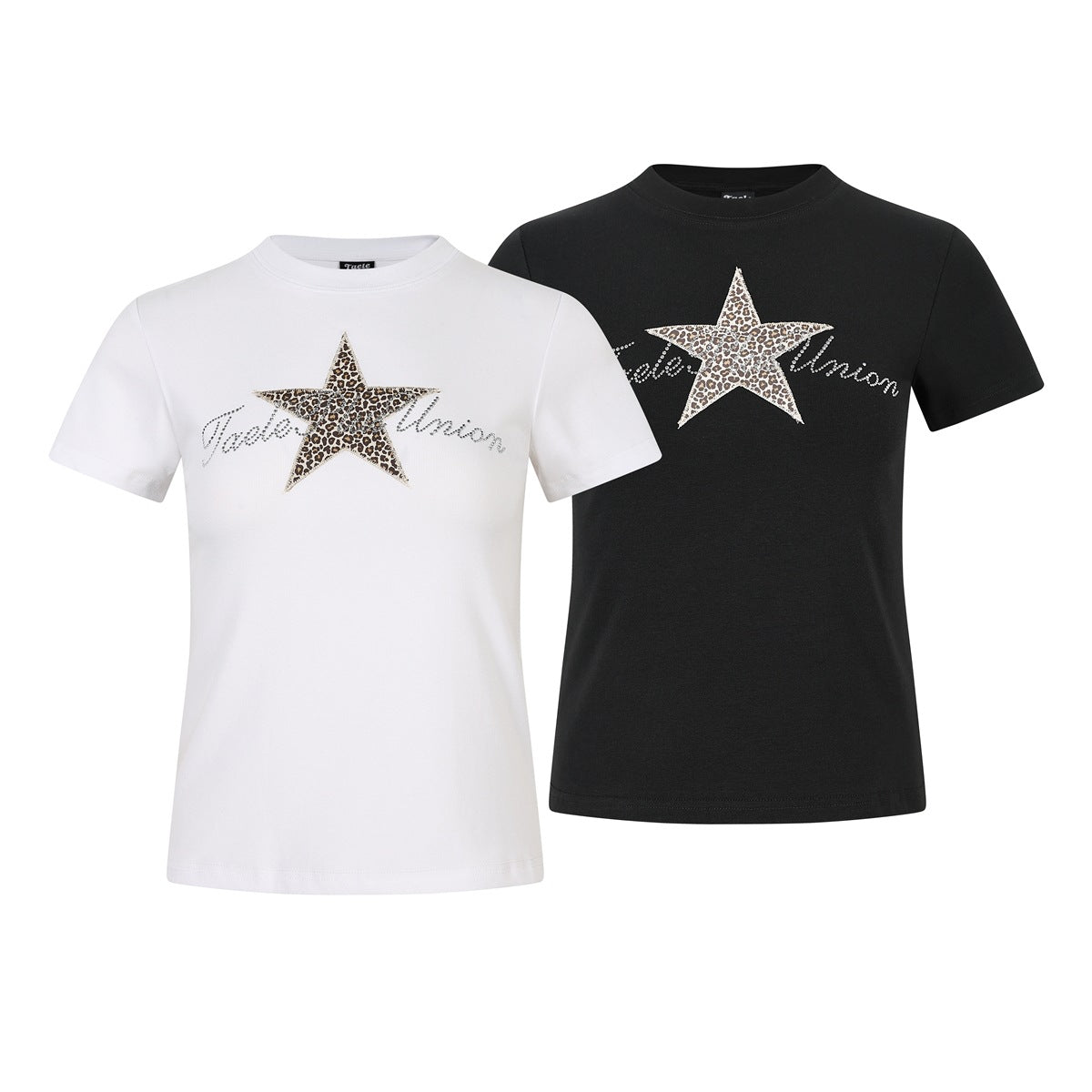 White and black short-sleeve crew-neck T-shirts, each with a leopard-print star and sparkling script chest design.