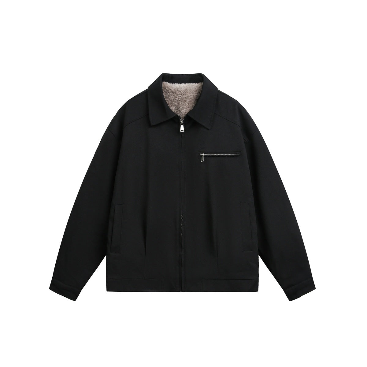 Black zip-front jacket with collar, gray fleece-like lining at neck, silver zippers, chest zip pocket, flat front view