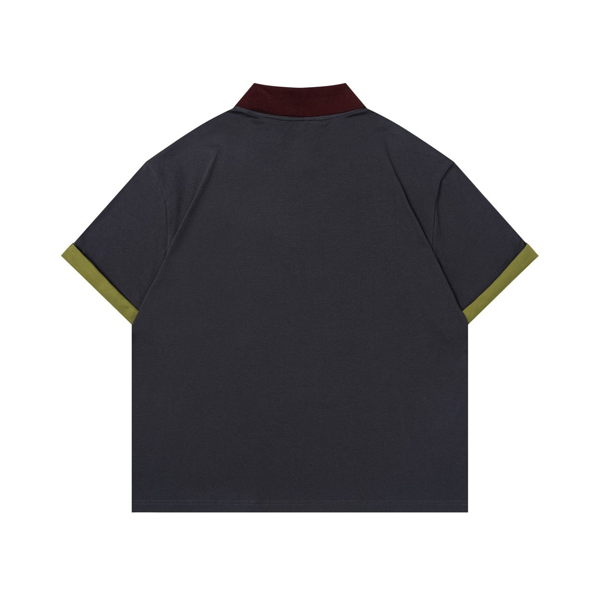 Back view of a charcoal short-sleeve shirt with a burgundy collar and olive-green sleeve cuffs.