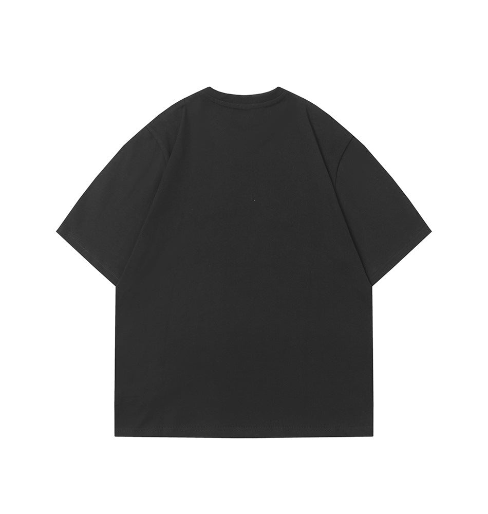 Back view of a black short-sleeve crew-neck T-shirt, shown flat on a white background.