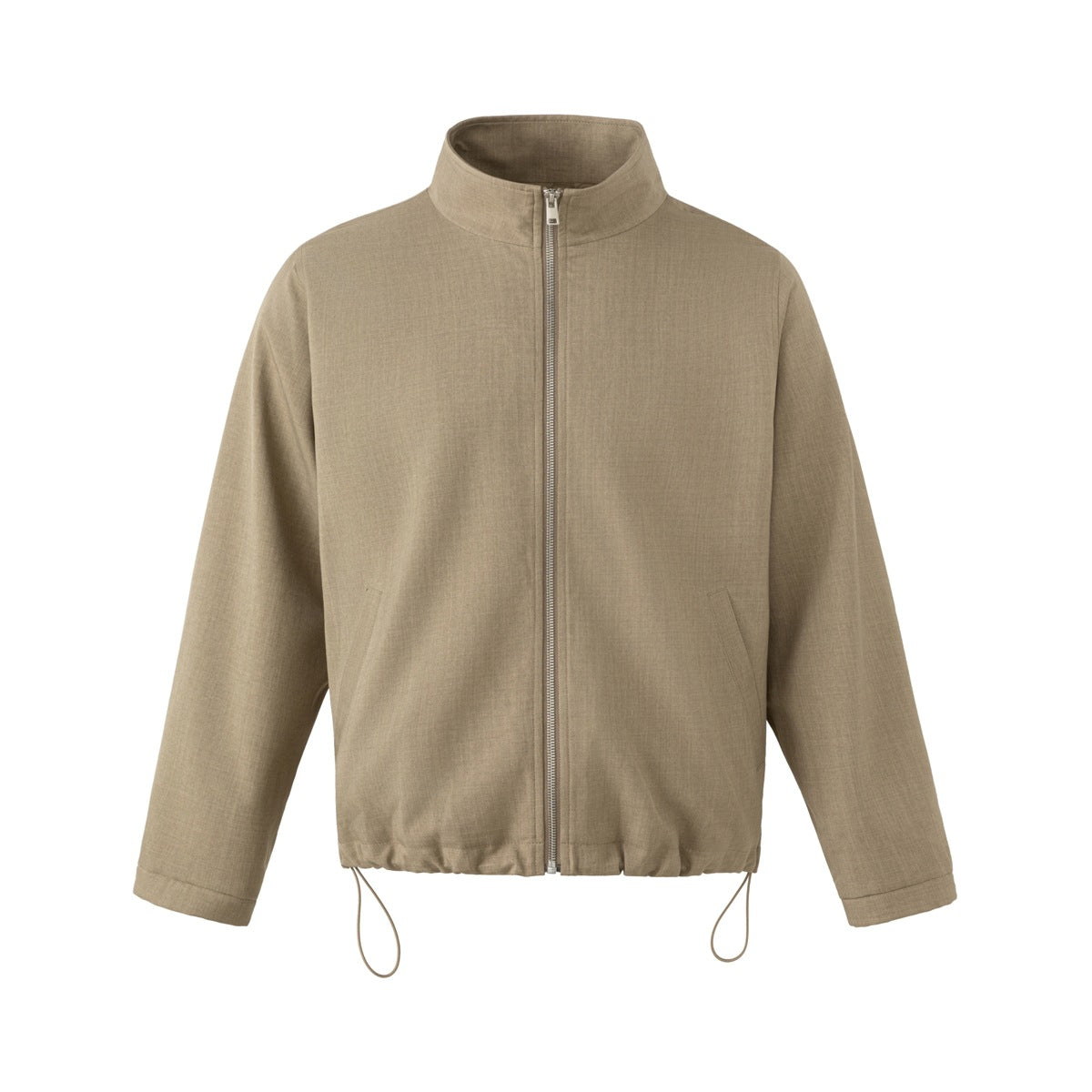 Khaki stand-collar zip-up jacket flat lay with drawstring hem and slanted side pockets