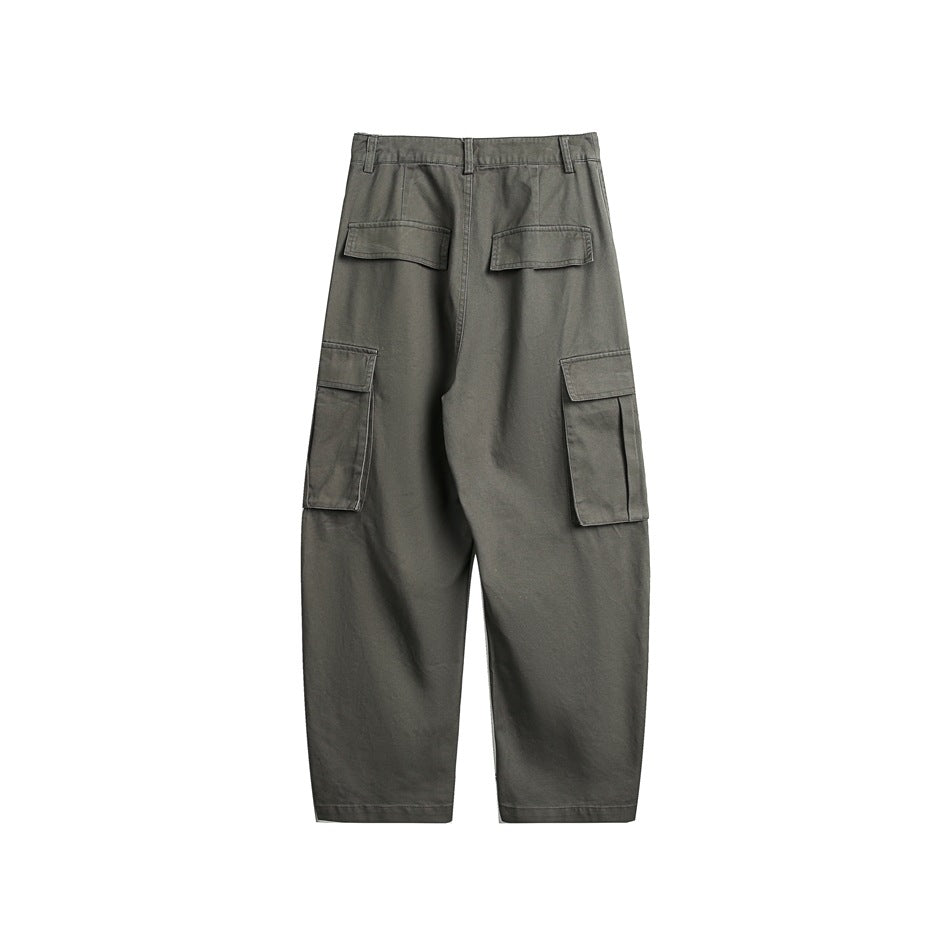 Rear view of olive-gray cargo pants with two flap back pockets and large flap pockets on the thighs.