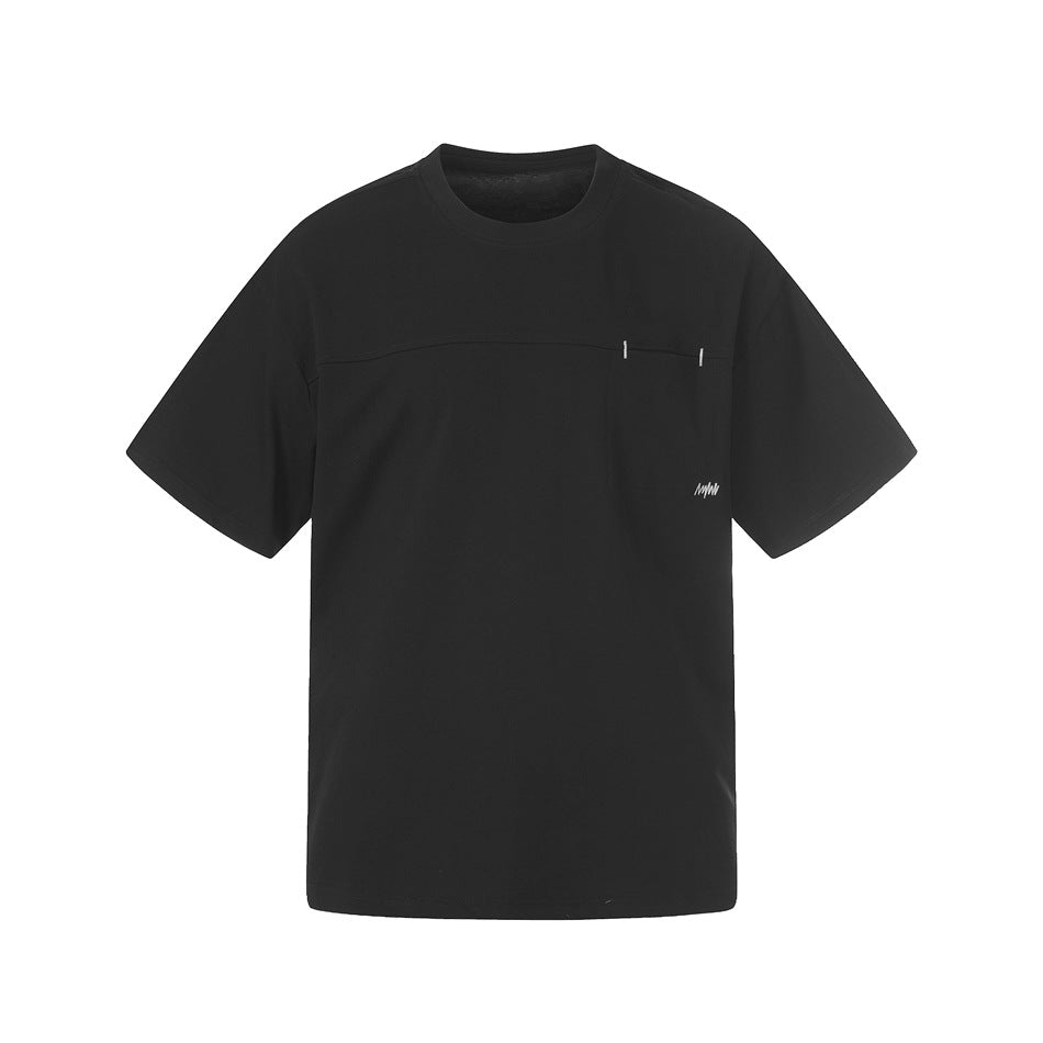 Black short-sleeve crew neck T-shirt with chest seam and patch pocket, flat front view