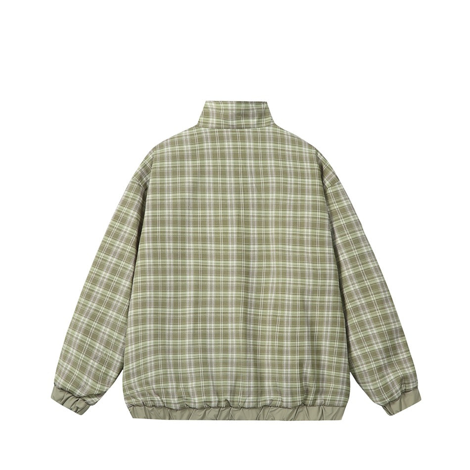 Back view of an olive and cream plaid jacket with a stand collar and elasticated cuffs and hem.