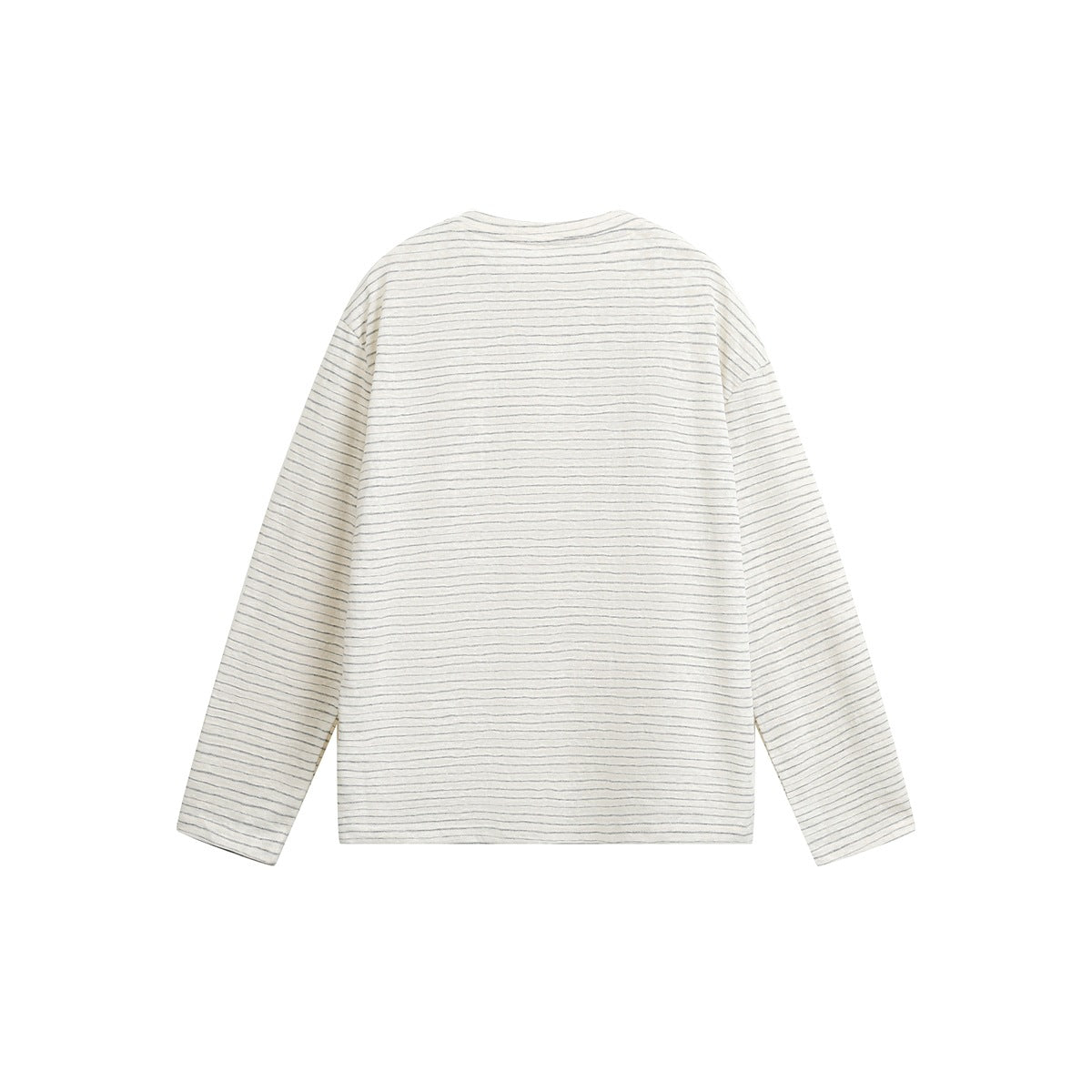Back view of a cream long-sleeve crew-neck shirt with fine gray horizontal stripes.