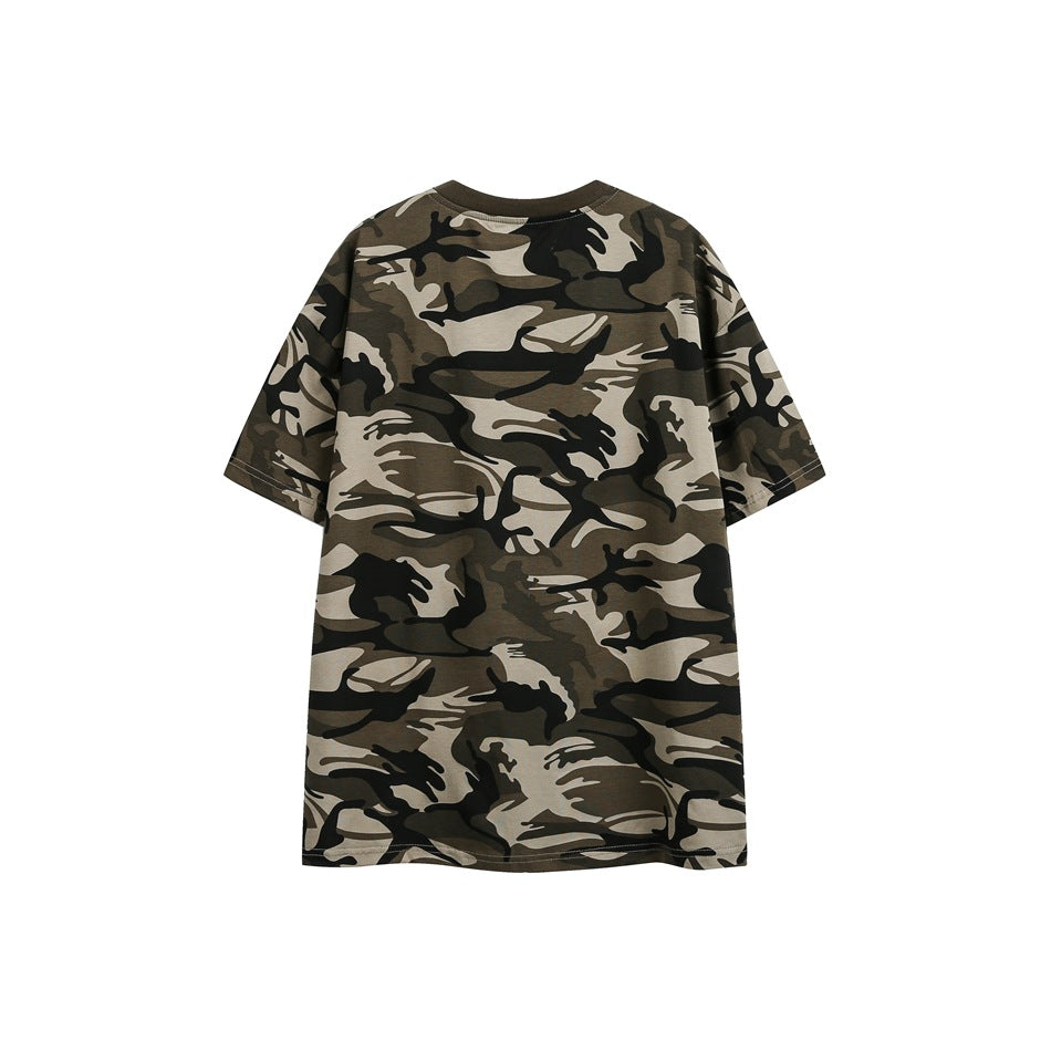 Front view of a short-sleeve crew-neck T-shirt in tan, brown, and black camouflage.