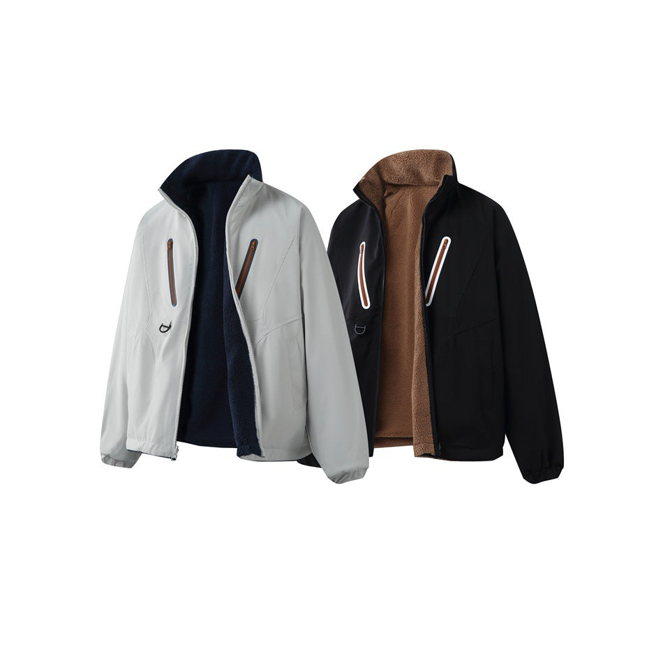 Two jackets shown from the front: one light gray with dark lining and one black with brown lining.