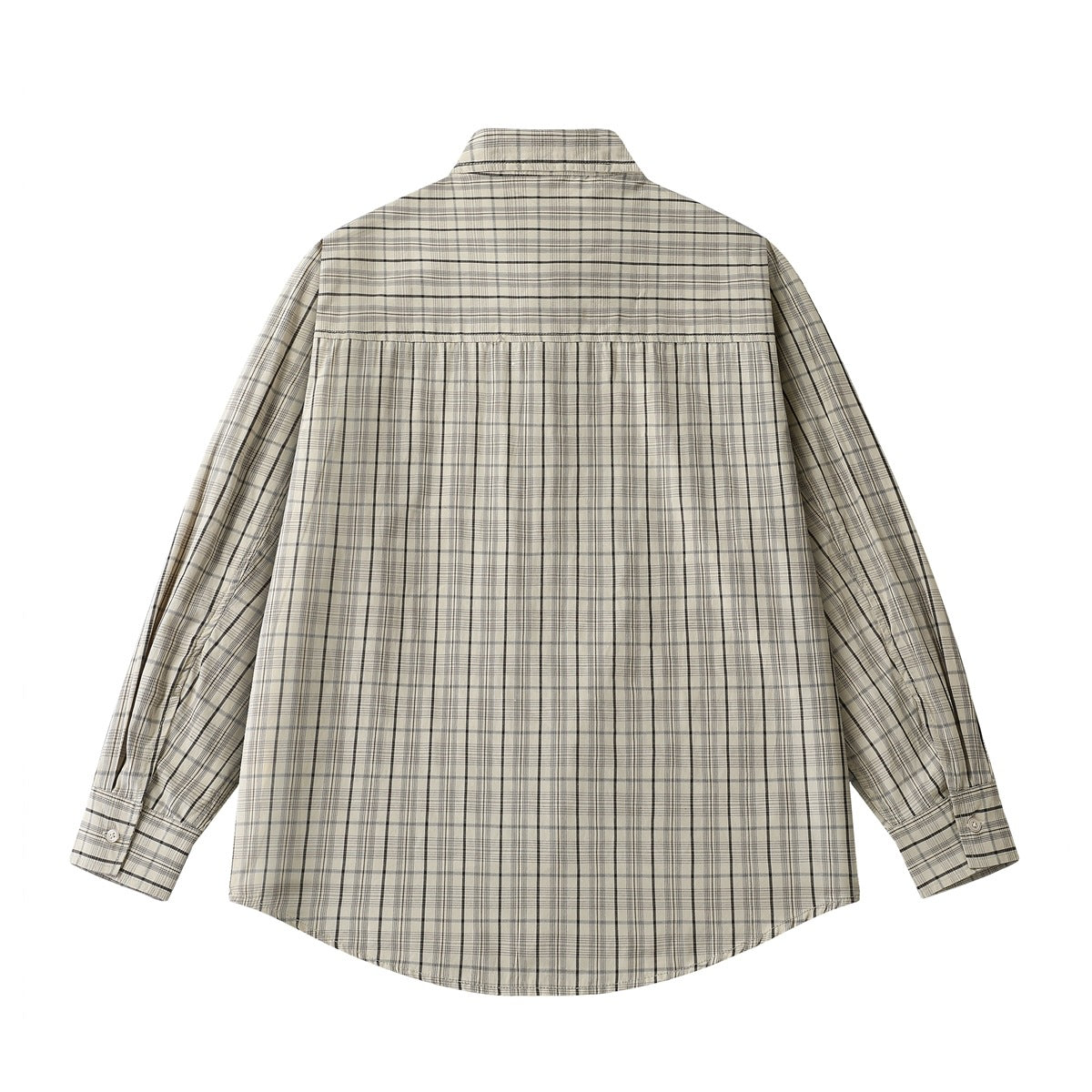 Back view of a light beige plaid long-sleeve button-up shirt with a gathered yoke.