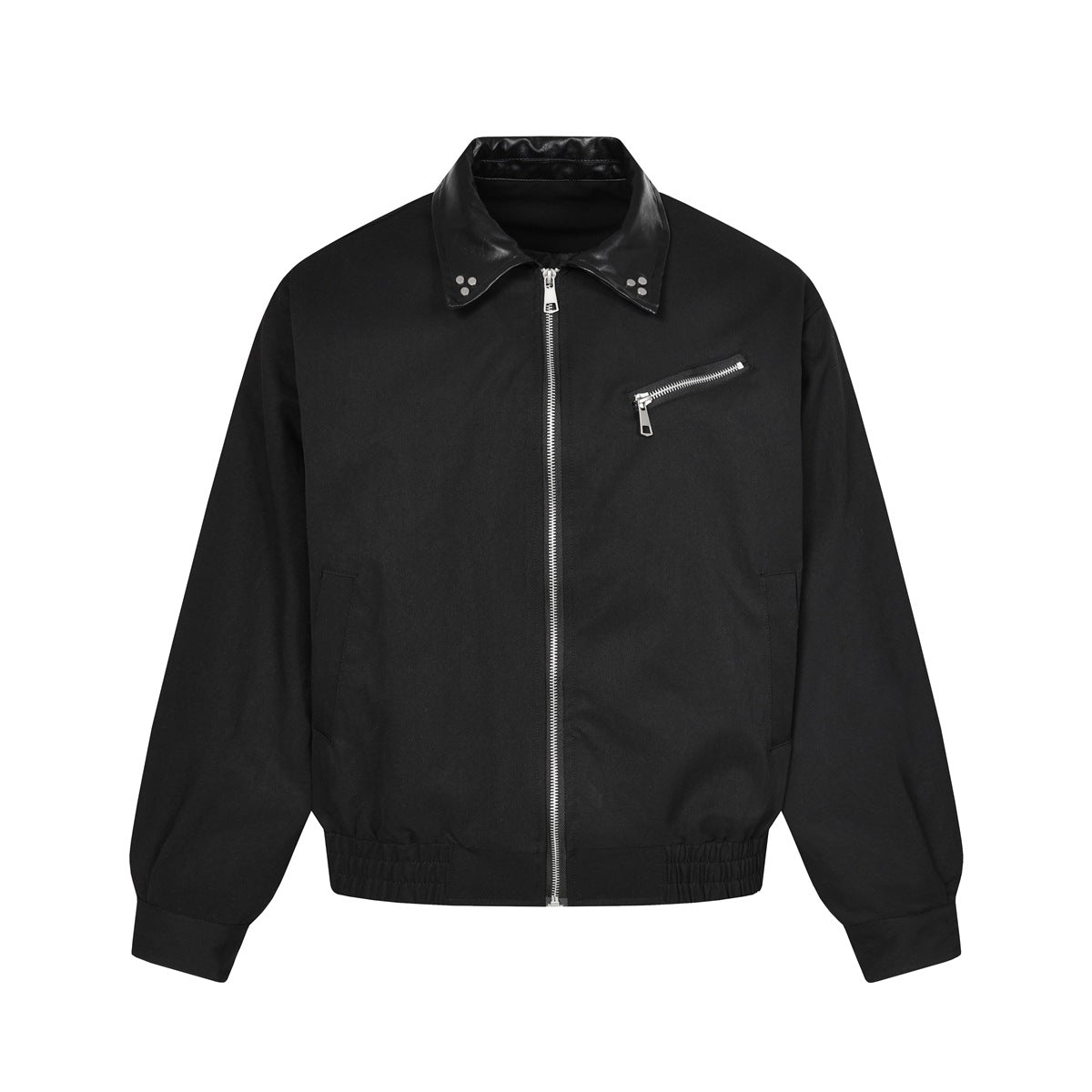 Black zip-front jacket with studded leather-look collar, diagonal chest zip pocket and elastic hem, flat front view