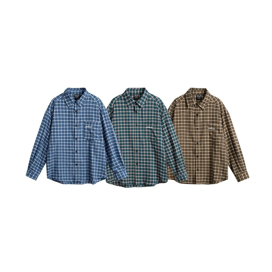 Three button-front plaid shirts shown from the front in blue, dark green, and brown.