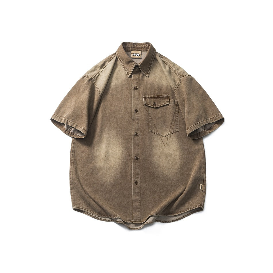 Washed brown-tan short-sleeve denim-look button-up shirt with chest flap pocket, flat front view