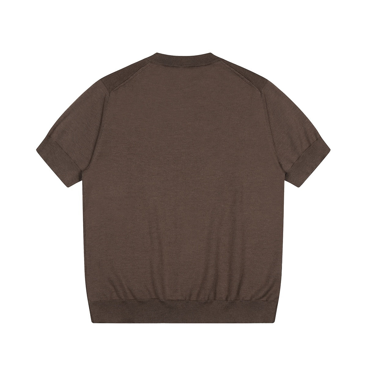Back view of a brown short-sleeve knit top with a ribbed neckline, sleeve cuffs, and hem.