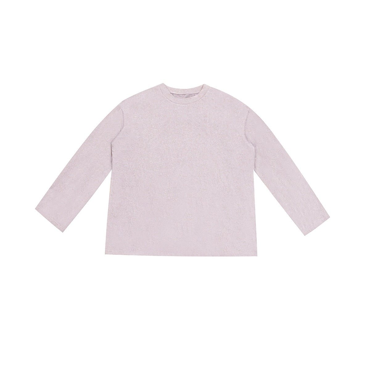 Light pink long-sleeve crew-neck top laid flat, front view with a fine speckled texture