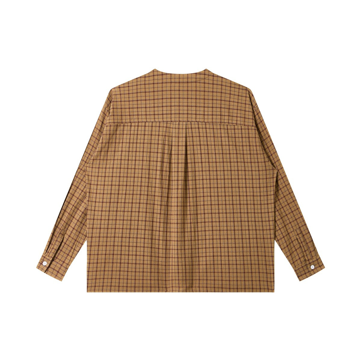 Back view of a brown plaid long-sleeve shirt with a gathered yoke and center pleat.