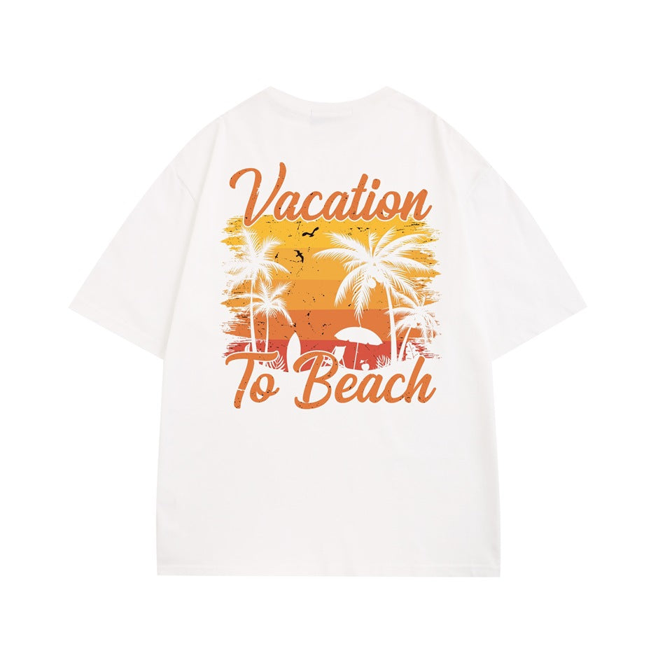 White short-sleeve t-shirt back with orange 'Vacation To Beach' palm tree sunset graphic