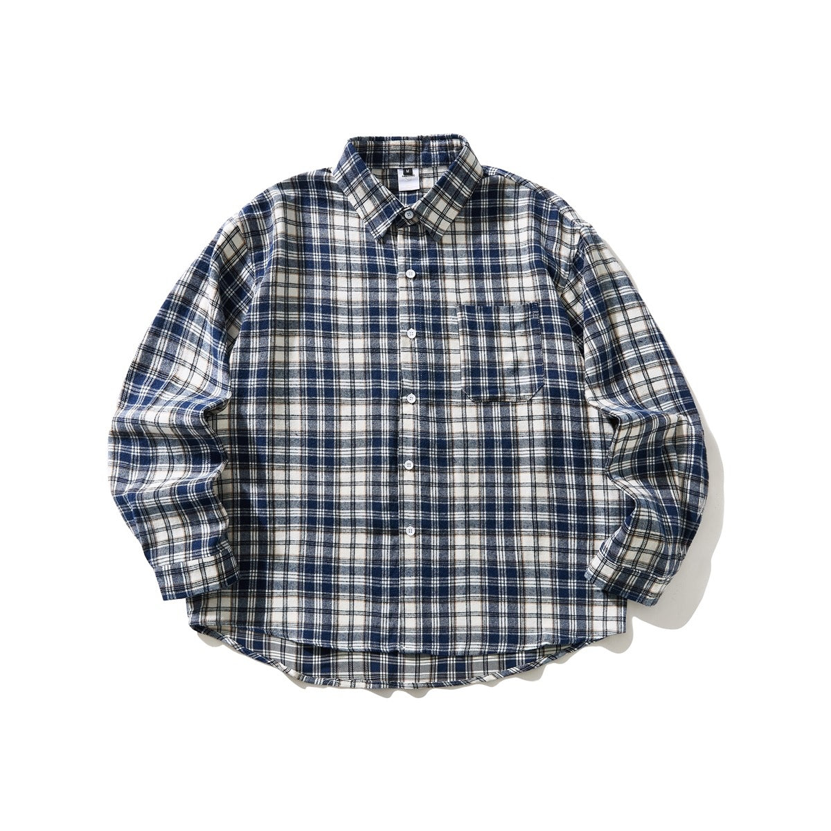 Navy and cream plaid long-sleeve button-up shirt laid flat, with a chest pocket and pointed collar