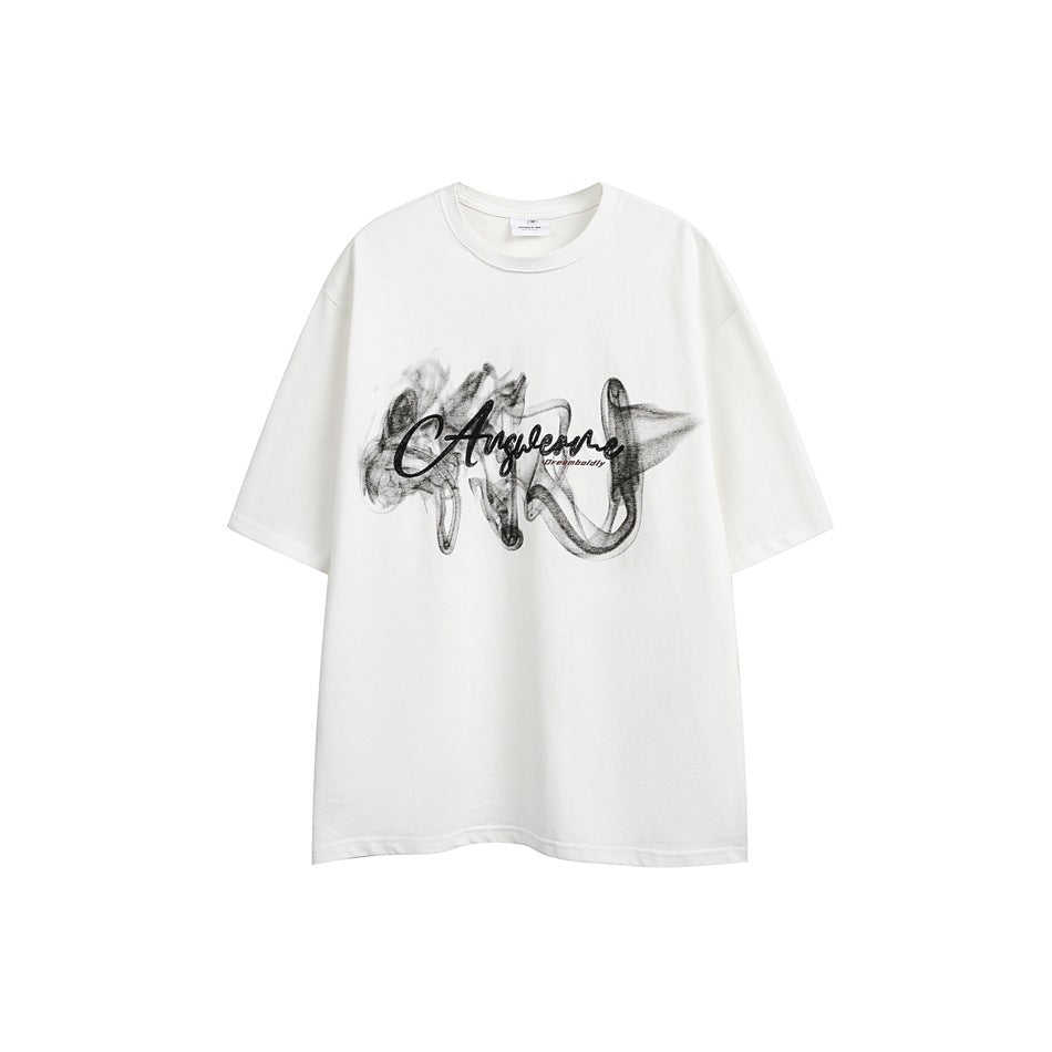 White short-sleeve crew-neck T-shirt with black smoke-wisp graphic and script lettering on the chest