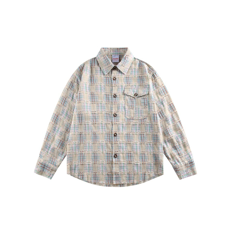 Beige plaid long-sleeve button-front shirt with chest flap pocket and frayed fringe texture, flat front view