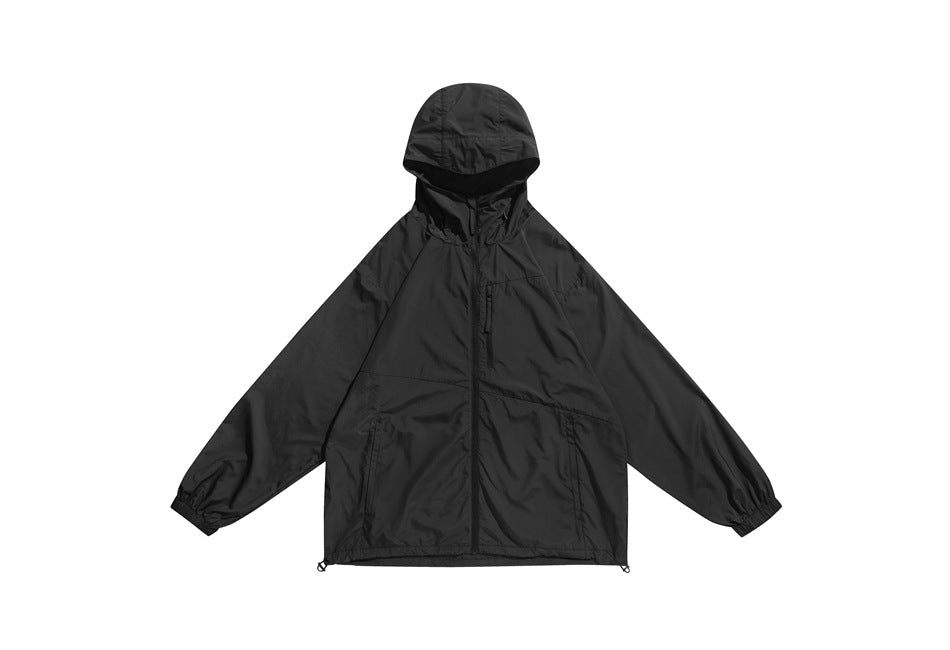 Front view of a black hooded jacket with a full zipper, two front pockets, and elastic cuffs, laid flat on white.