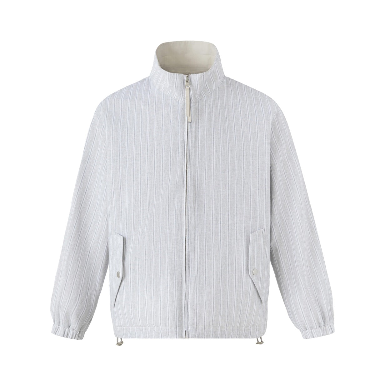Front view of a light gray pinstriped jacket with a stand collar, zip front, snap pockets, and elastic cuffs.