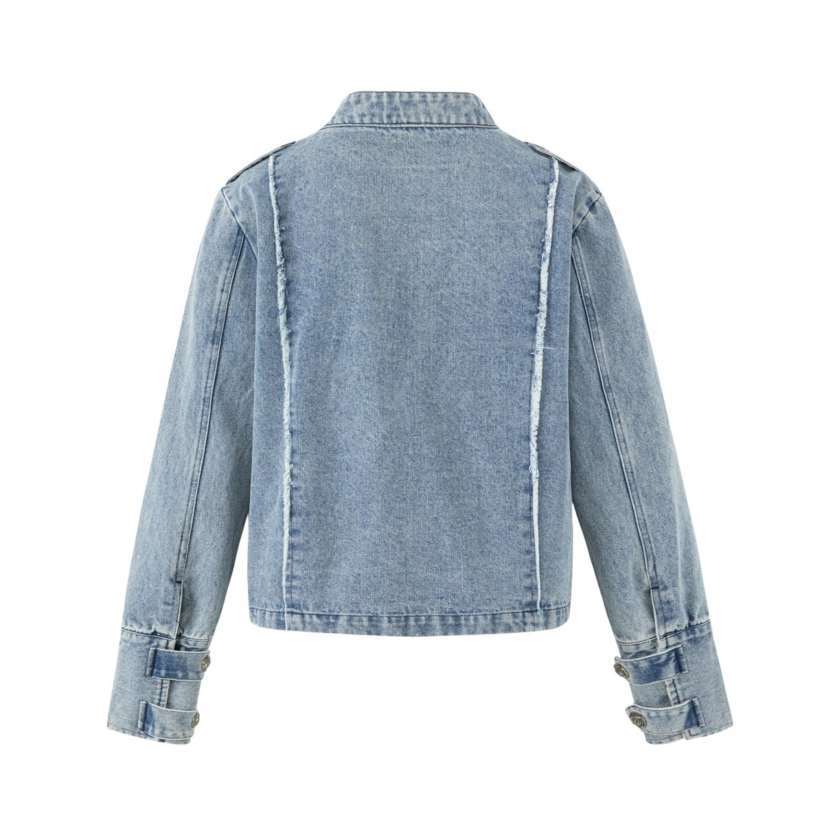 Back view of a light blue denim jacket with contrast seams, a stand collar and buttoned cuffs on a white background.