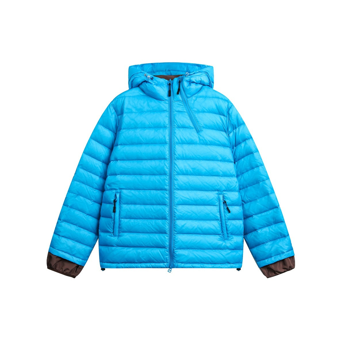 Bright blue hooded quilted jacket, flat front view with zip pockets and brown inner cuffs