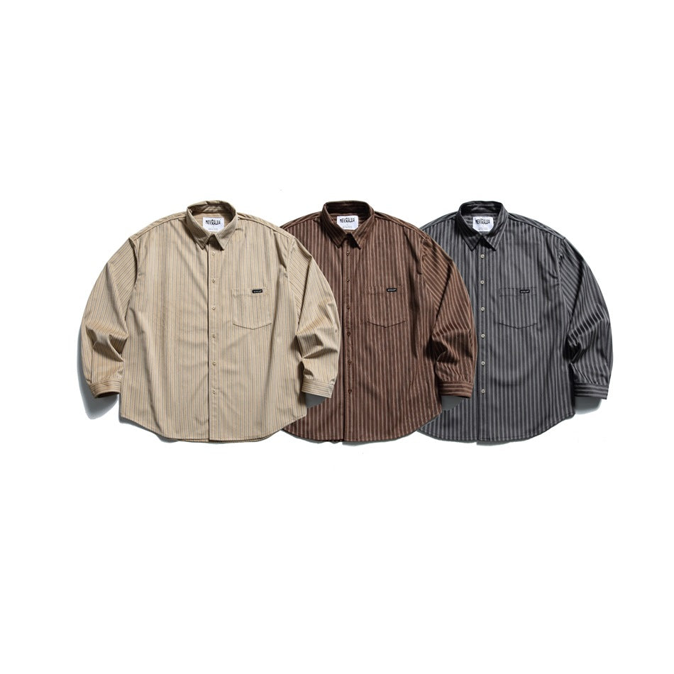 Three long-sleeve striped button-up shirts shown from the front in beige, brown, and charcoal gray.