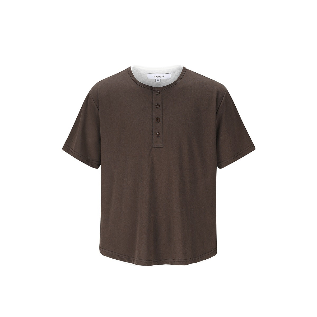 Brown short-sleeve Henley T-shirt with four buttons and light gray layered neckline, front flat view